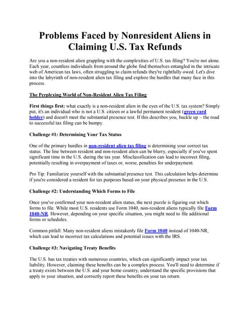 Problems Faced by Nonresident Aliens in Claiming U.S. Tax Refunds | PDF