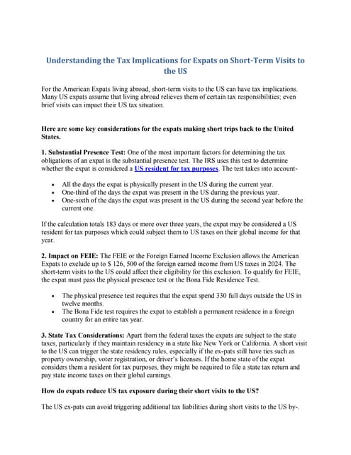 Understanding the Tax Implications for Expats on Short-Term Visits to the US | PDF